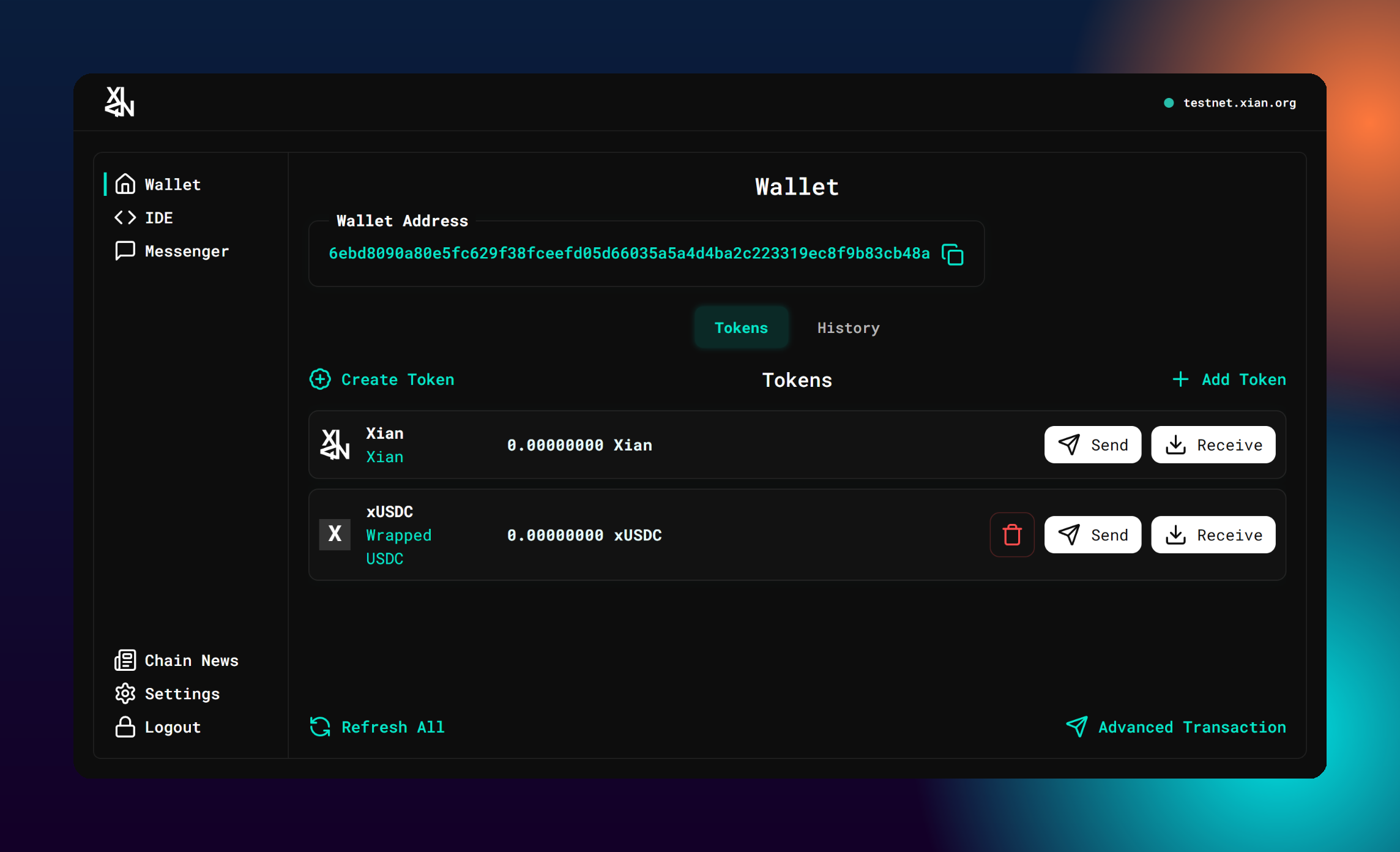 Xian Wallet showing XIAN and xUSDC balances, with Create Token button highlighted
