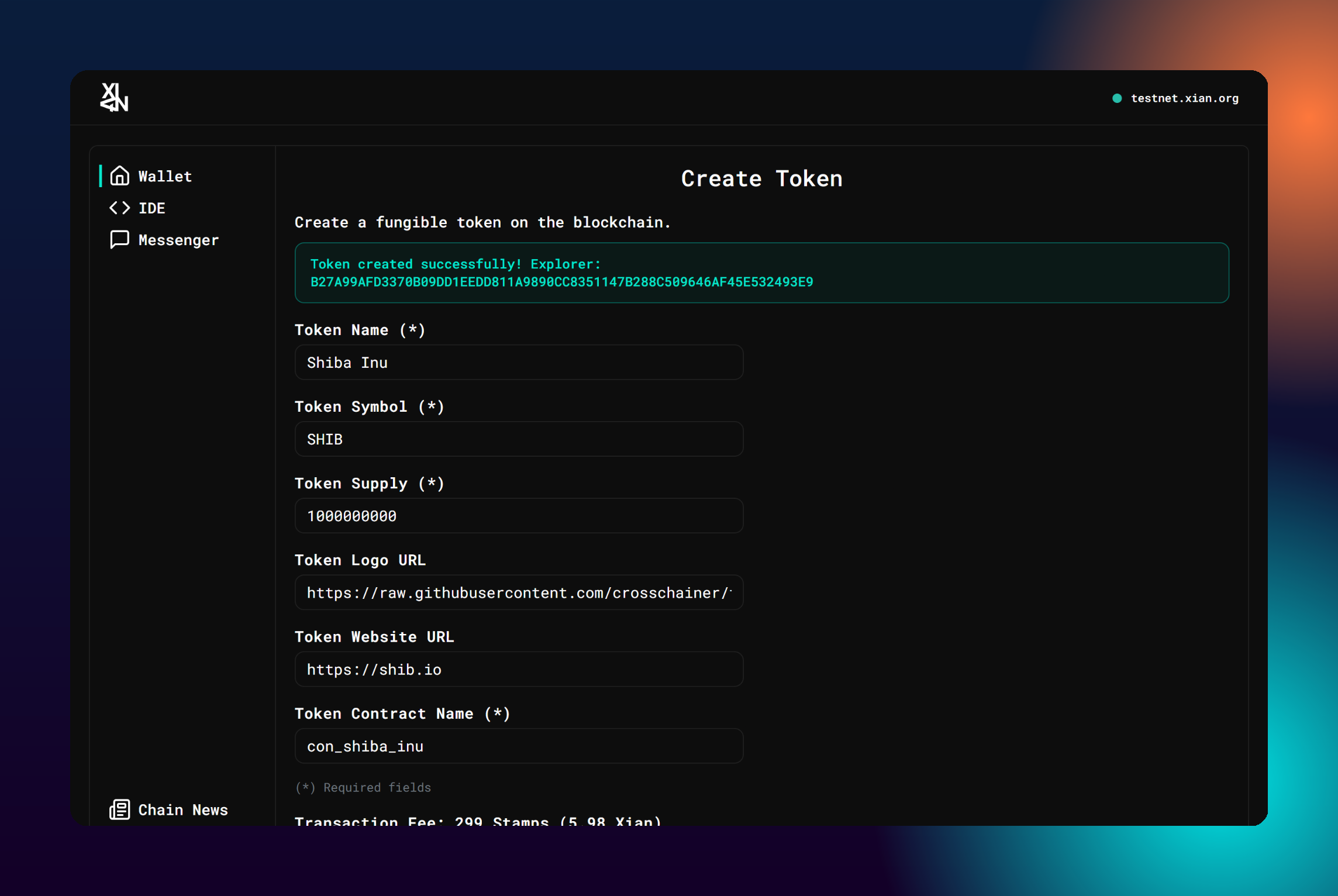 Transaction success message showing contract name and link to block explorer