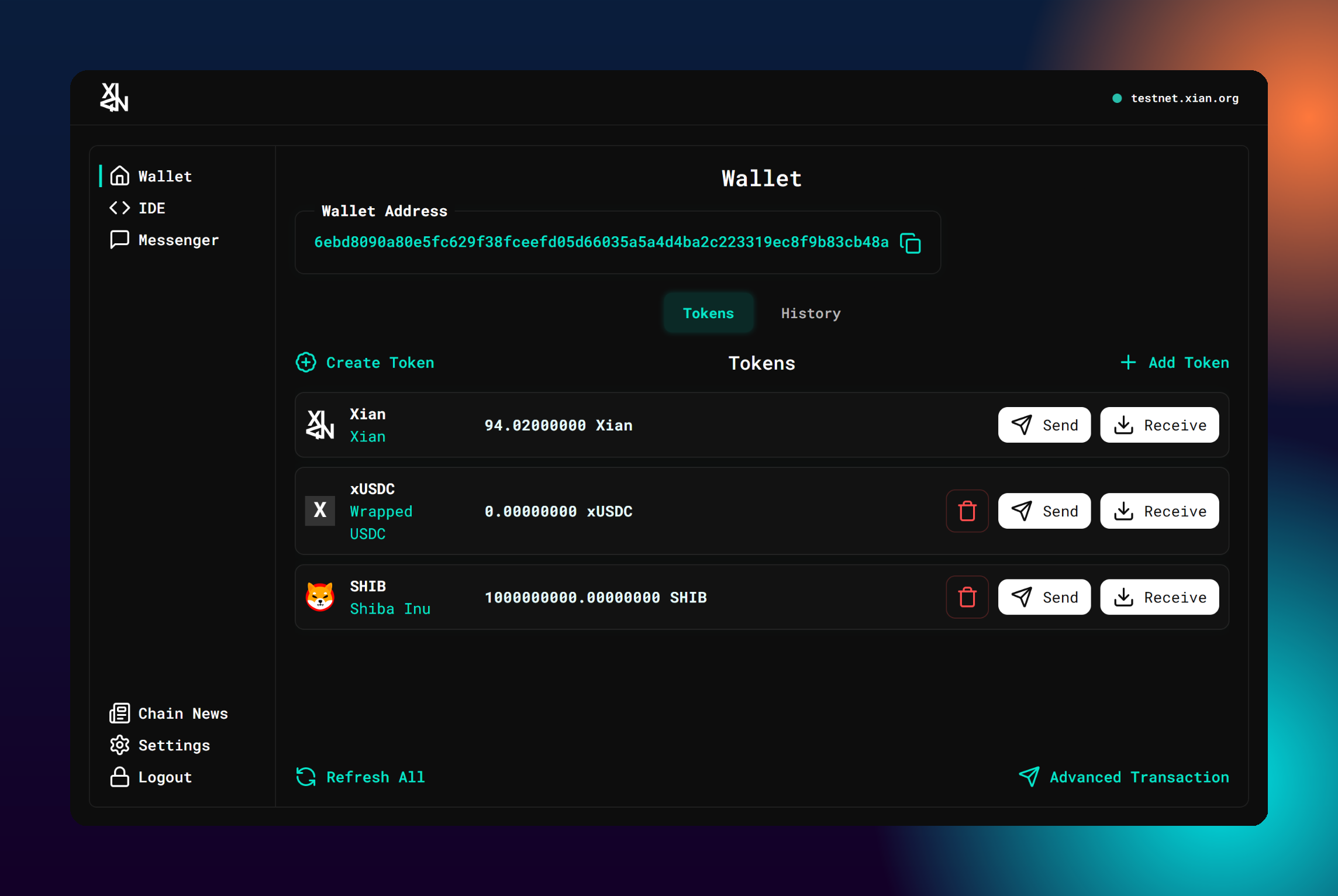 Xian Wallet showing new token alongside XIAN balance