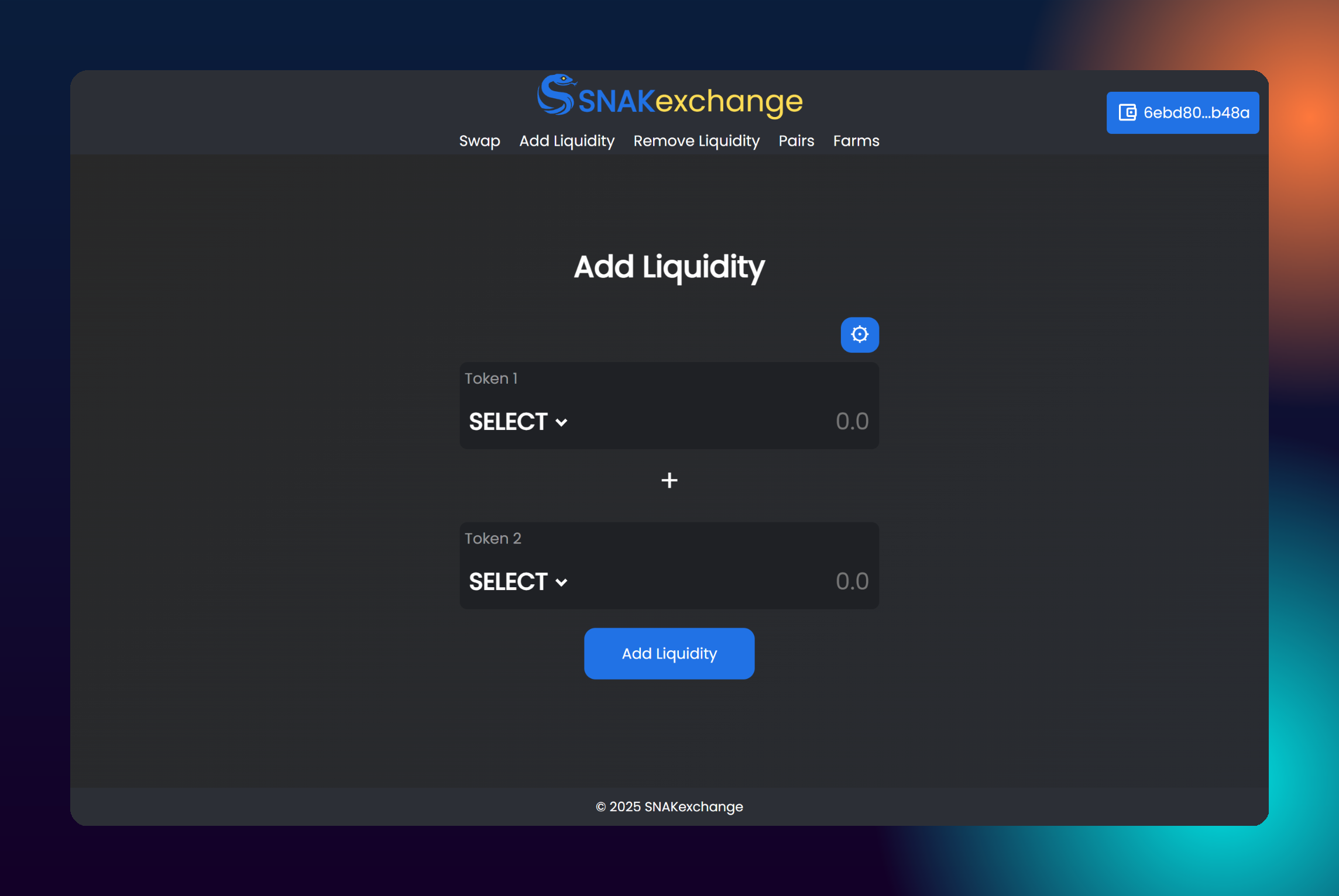 SNAKexchange Add Liquidity tab with empty token selectors