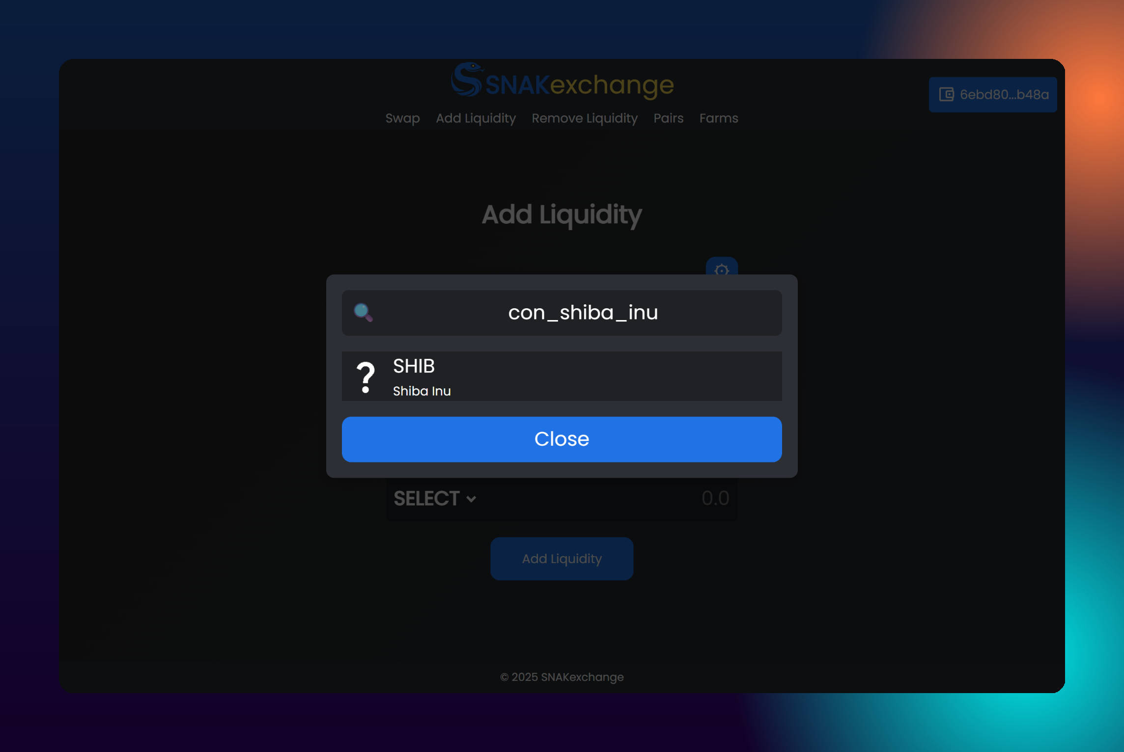 SNAKexchange Add Liquidity tab with XIAN and new token selected