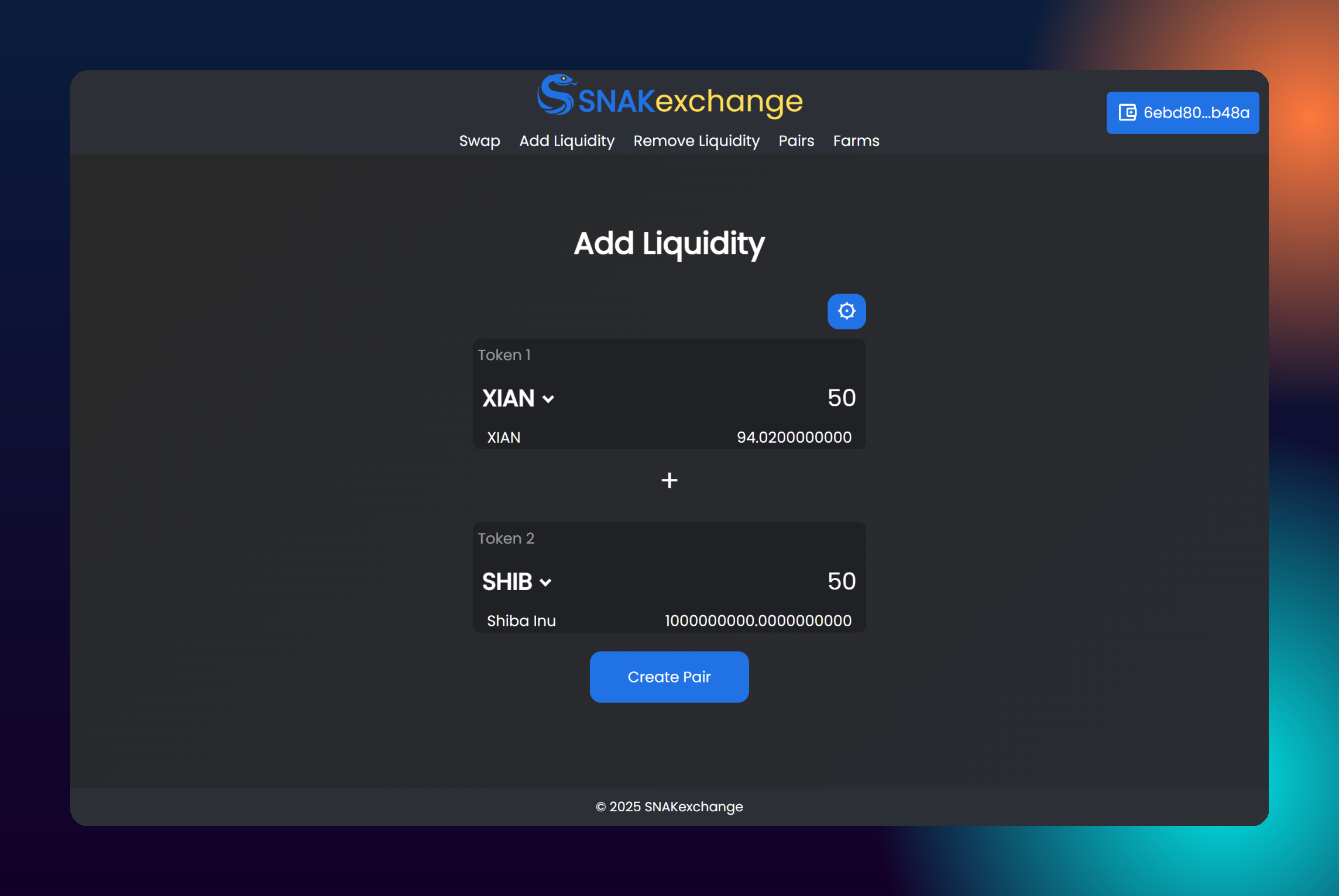 SNAKexchange Add Liquidity tab with initial ratio set