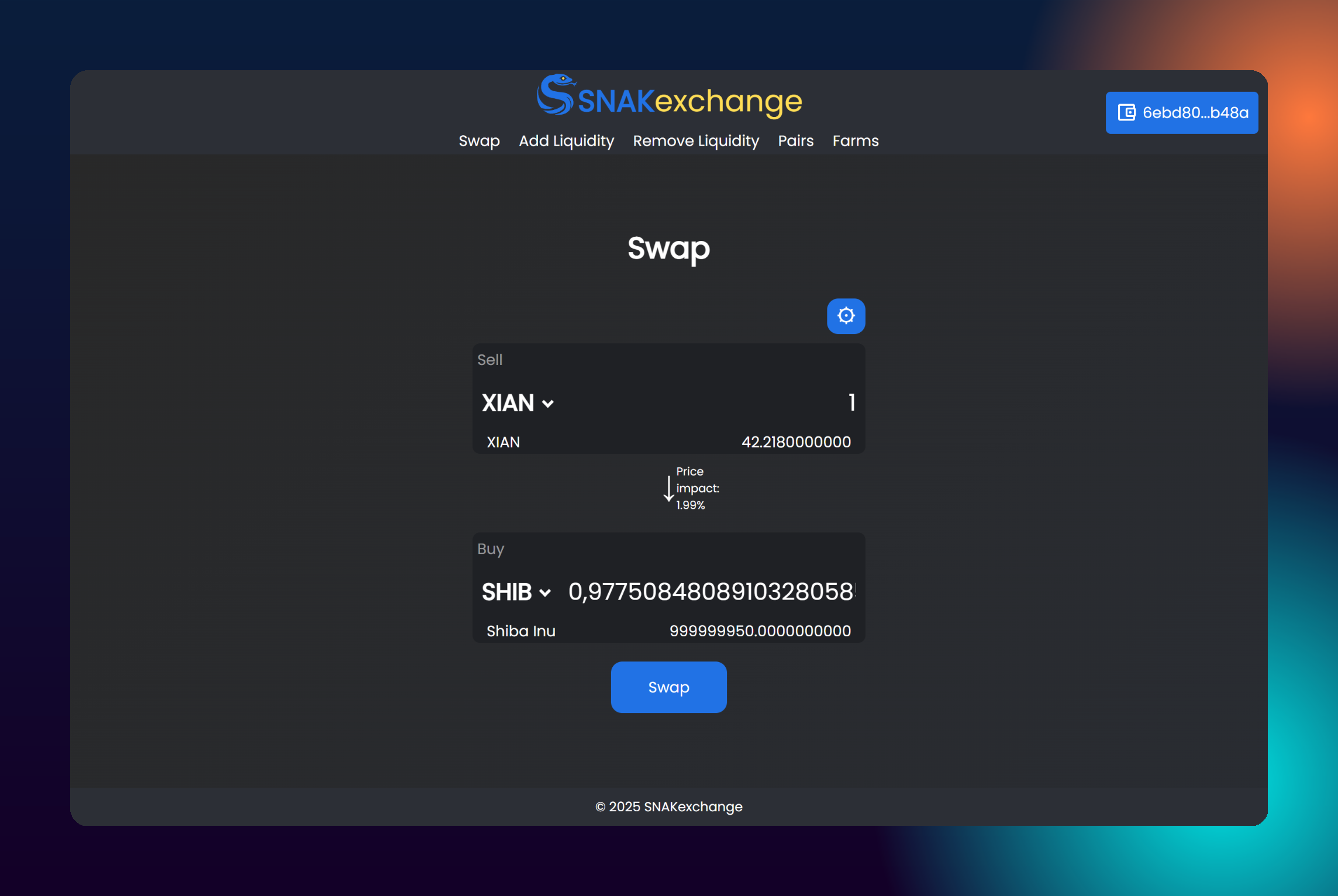 SNAKexchange Swap tab showing trade details